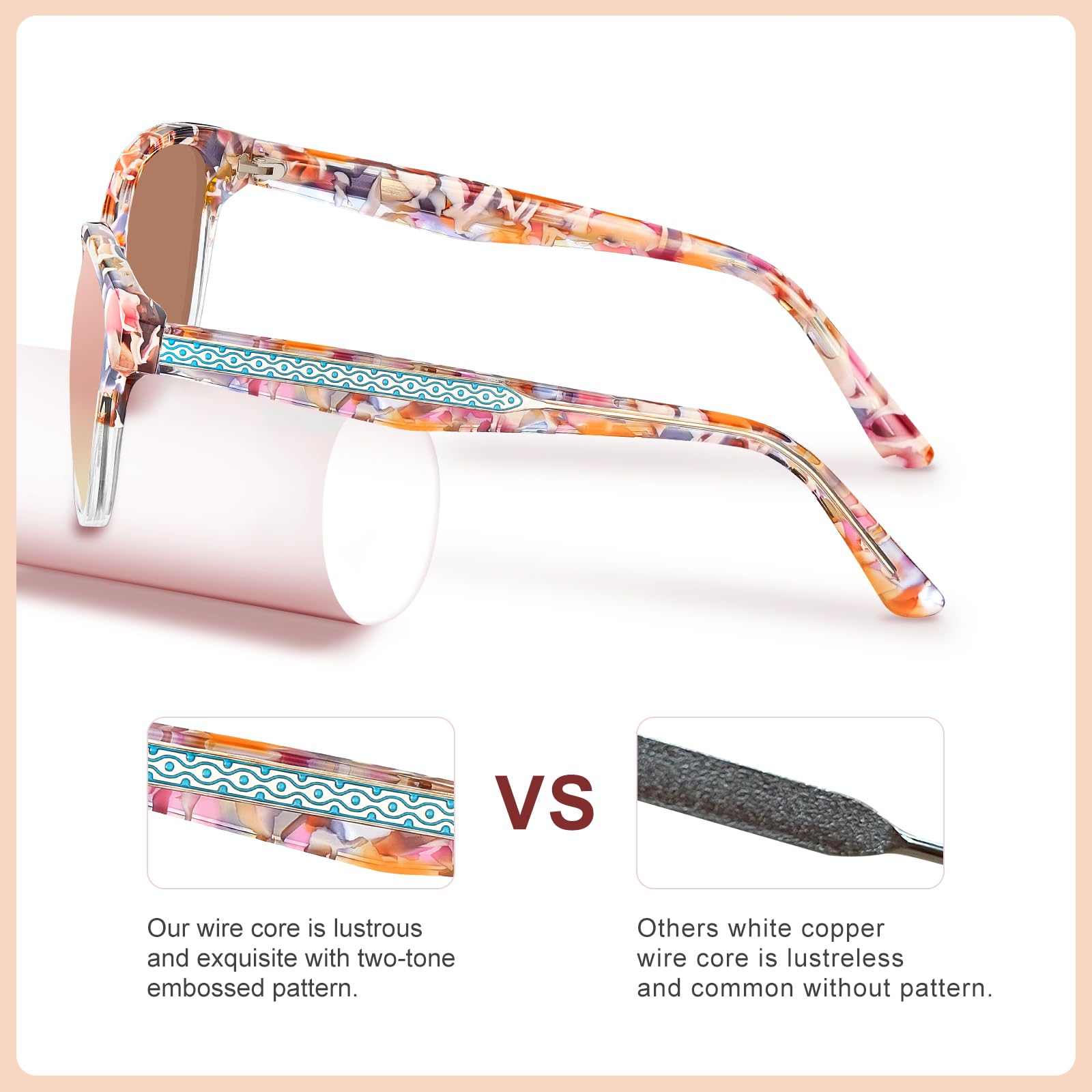 CARFIA Cateye Polarized Sunglasses for Women UV Protection, Italy Handcrafted Acetate Frame with Embossed Pattern Wire Core