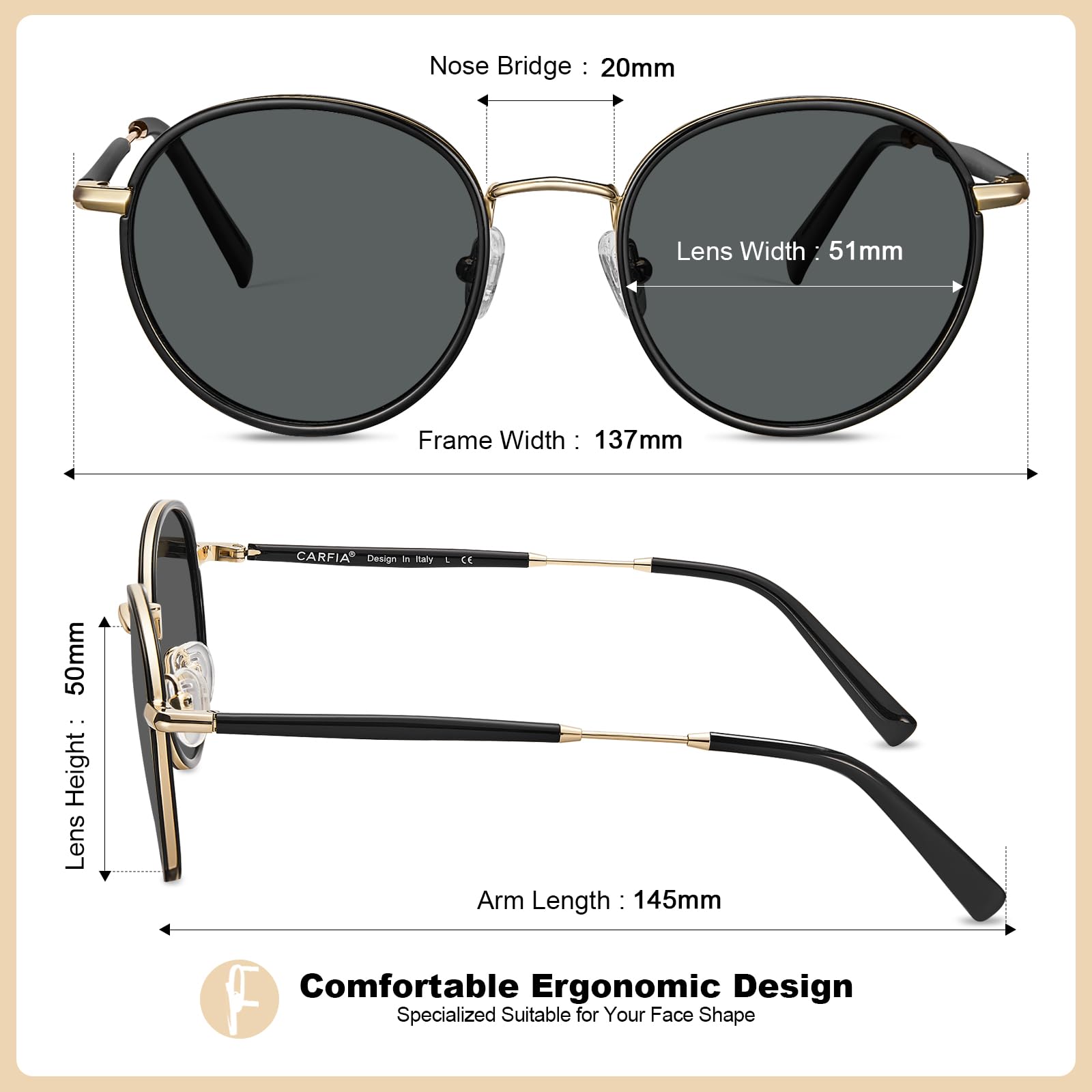 CARFIA Retro Small Round Polarized Womens Sunglasses UV Protection, Trendy Vintage Stylish Designer Sunglasses CA1949