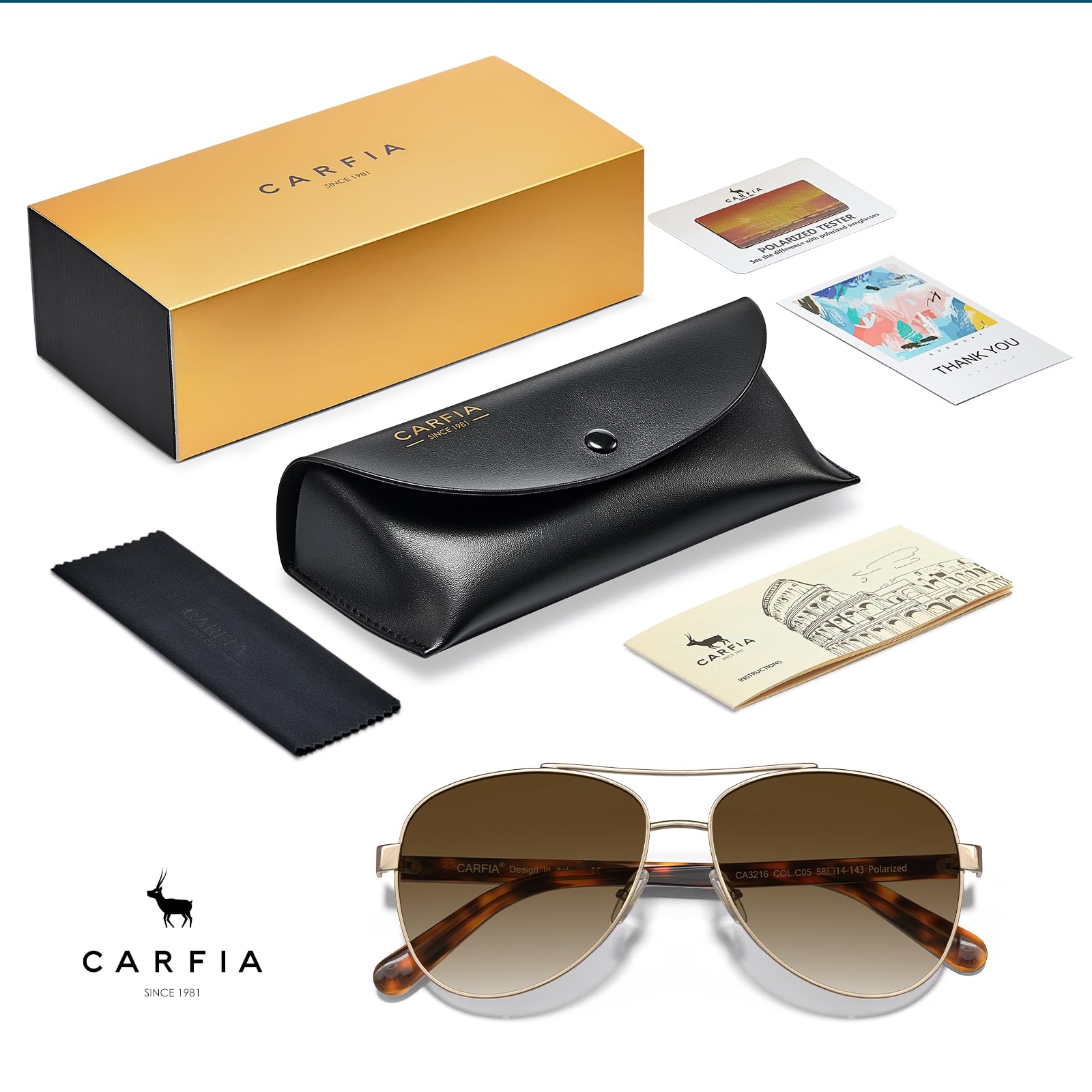 CARFIA Pilot Polarized Sunglasses for Men UV400 Protection, Acetate Tortoise Arms CA3216