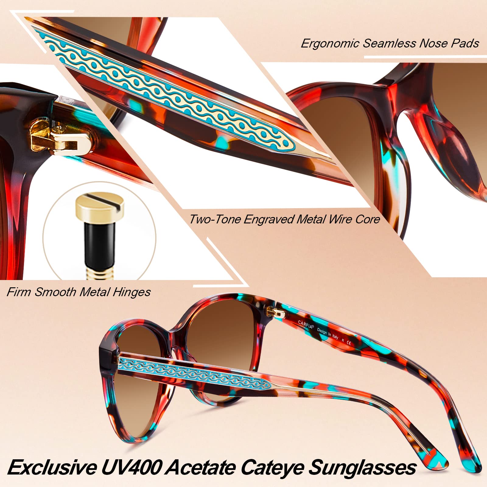 CARFIA Lightweight Retro Pilot Sunglasses for Women Polarized UV Protection, Trendy Outdoor Driving Lady Sunnies Metal Frame