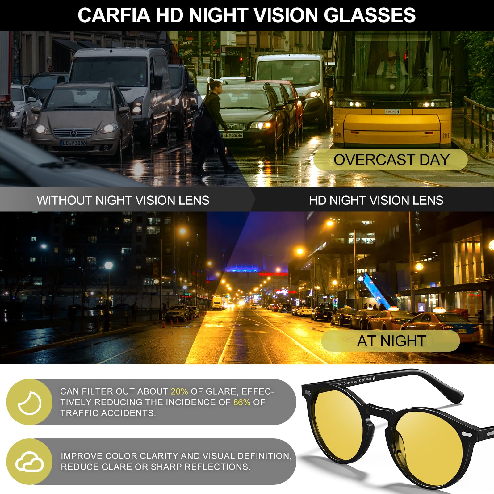 CARFIA Acetate Men's Nighttime Driving Glasses, Retro Round Frame Night Vision Goggles, Reduce Headlight Glare Ehance Clarity