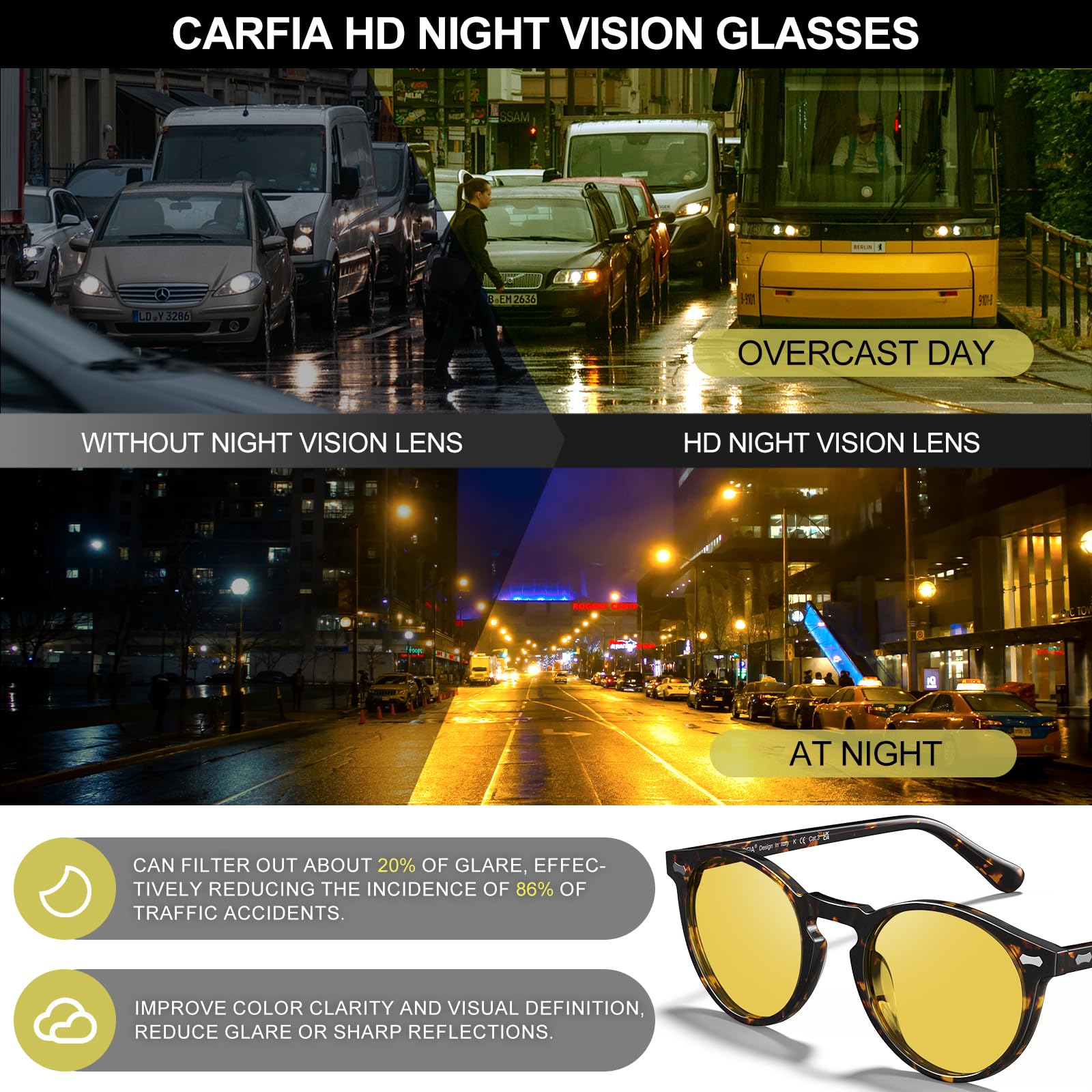 CARFIA Acetate Men's Nighttime Driving Glasses, Retro Round Frame Night Vision Goggles, Reduce Headlight Glare Ehance Clarity