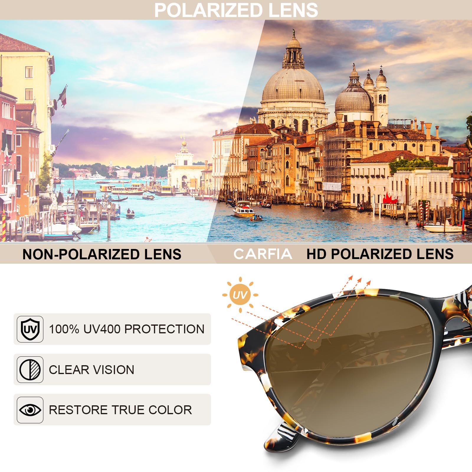 CARFIA Cateye Polarized Sunglasses for Women UV Protection, Italy Handcrafted Acetate Frame with Embossed Pattern Wire Core