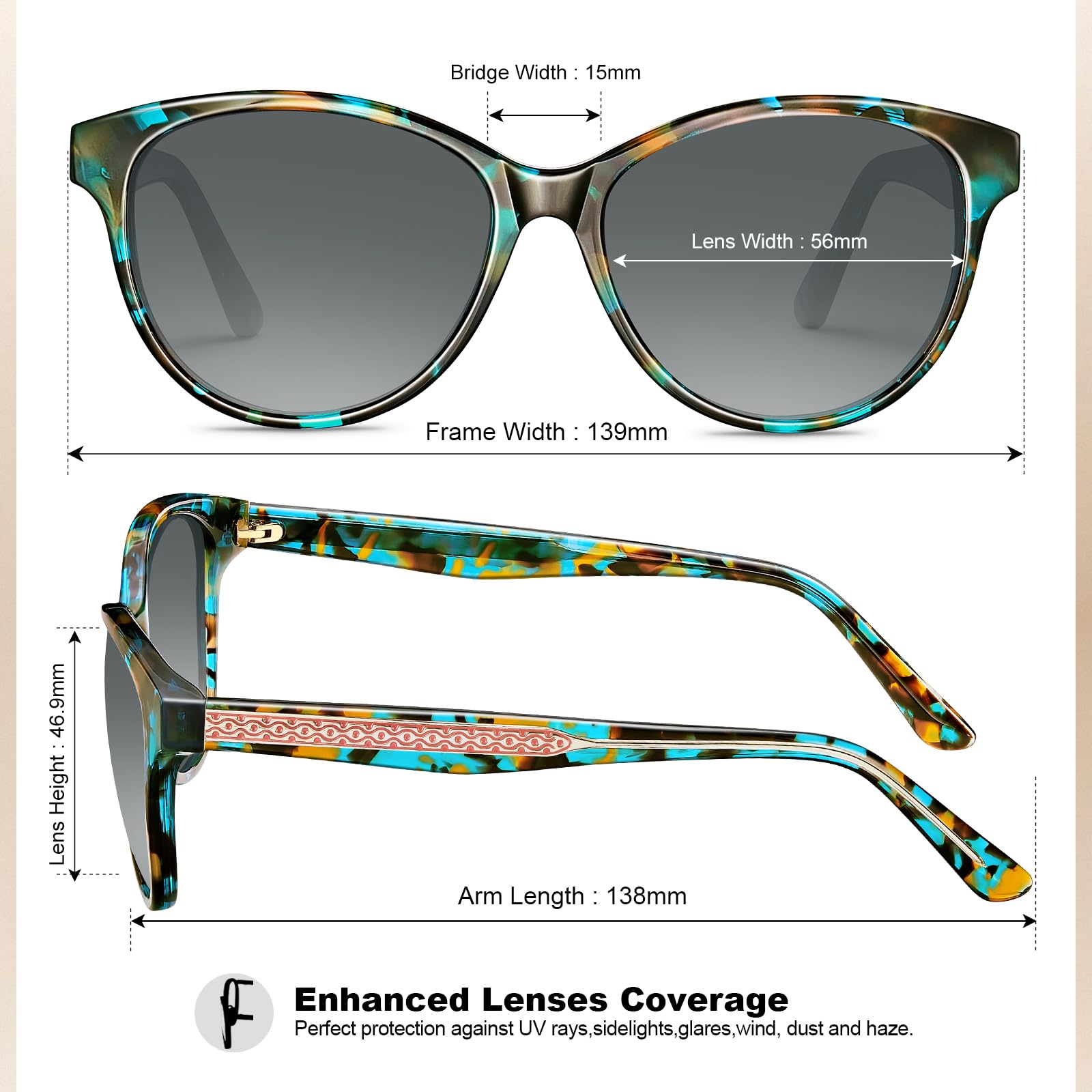 CARFIA Cateye Polarized Sunglasses for Women UV Protection, Italy Handcrafted Acetate Frame with Embossed Pattern Wire Core