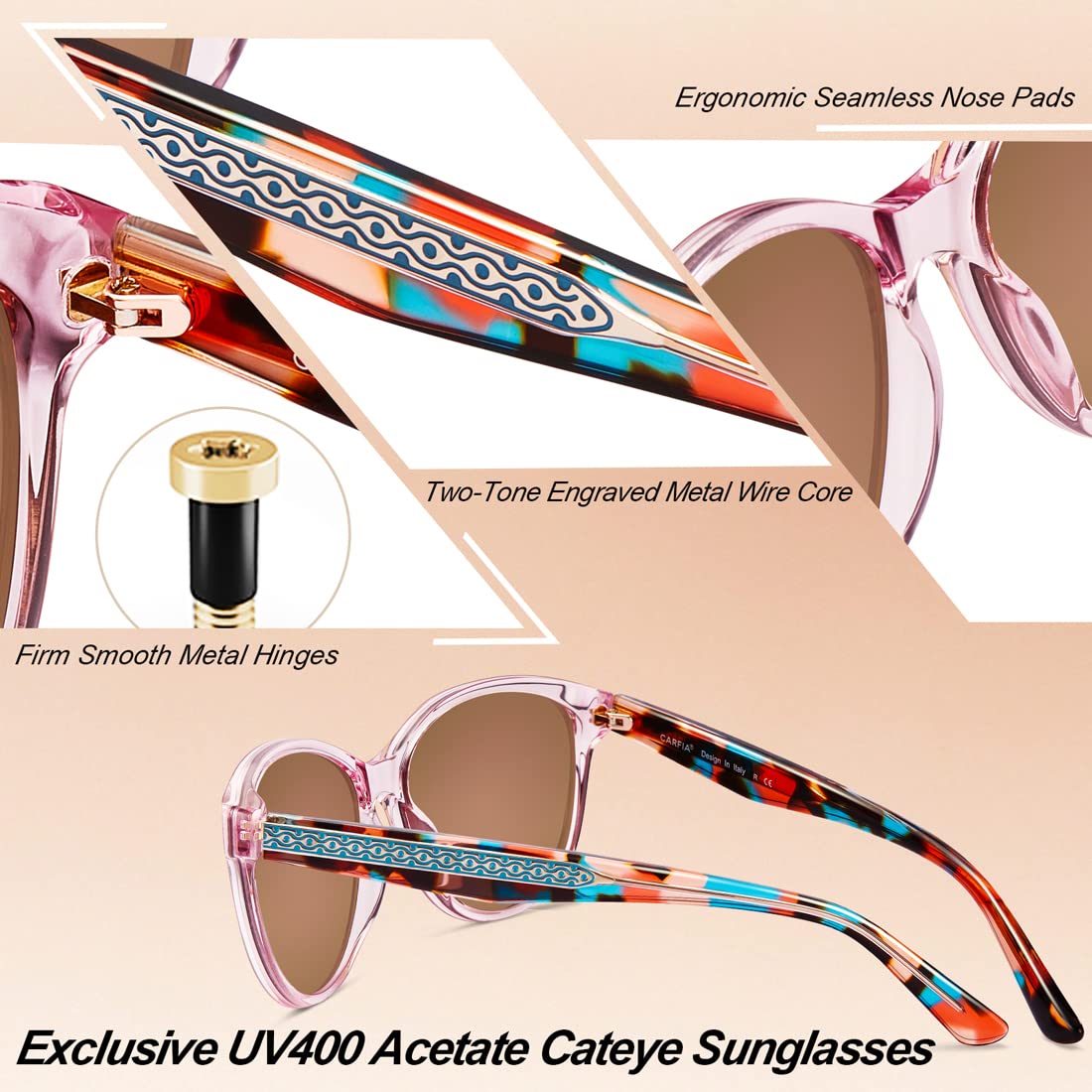 CARFIA Cateye Polarized Sunglasses for Women UV Protection, Italy Handcrafted Acetate Frame with Embossed Pattern Wire Core