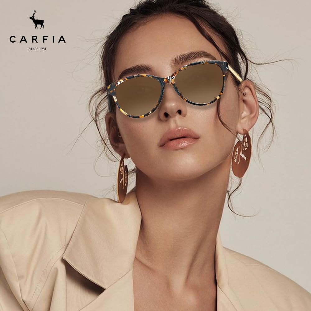 CARFIA Cateye Polarized Sunglasses for Women UV Protection, Italy Handcrafted Acetate Frame with Embossed Pattern Wire Core