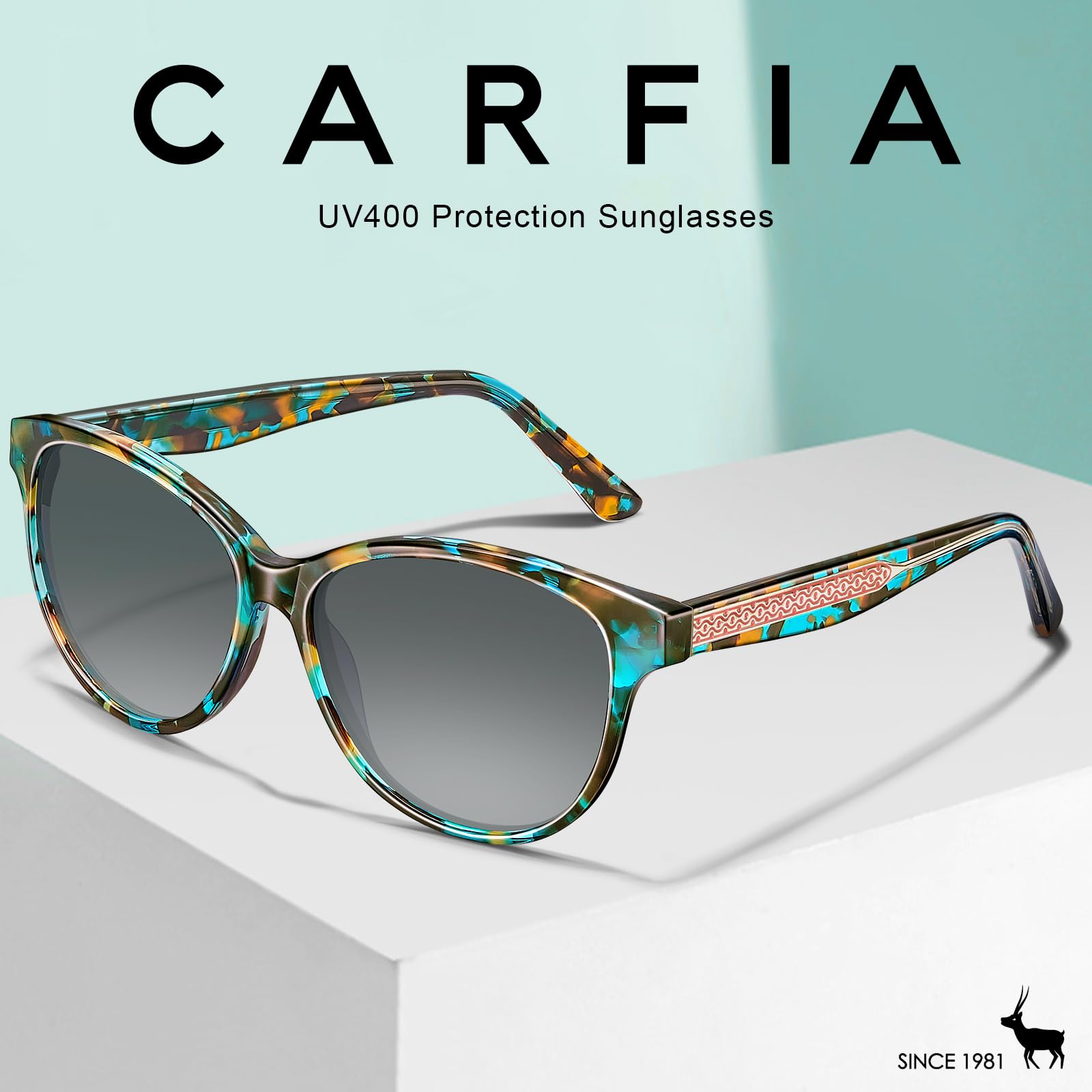 CARFIA Cateye Polarized Sunglasses for Women UV Protection, Italy Handcrafted Acetate Frame with Embossed Pattern Wire Core
