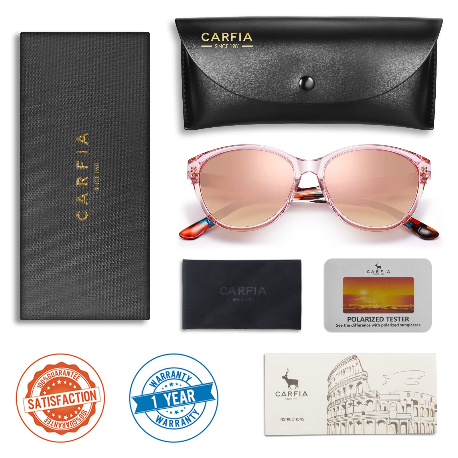 CARFIA Cateye Polarized Sunglasses for Women UV Protection, Italy Handcrafted Acetate Frame with Embossed Pattern Wire Core