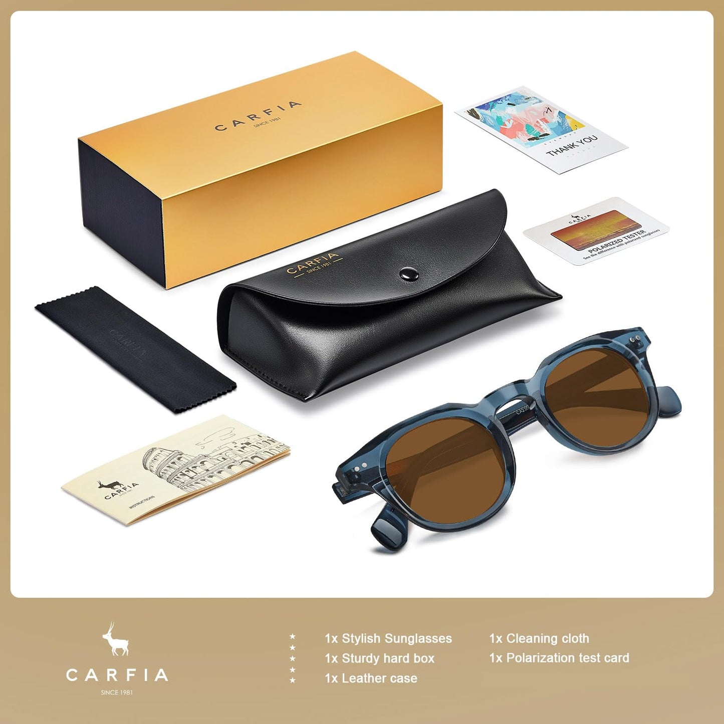 CARFIA Retro Polarized Sunglasses for Men Women UV400 Protection Acetate Small Square Fashion Driving Glasses
