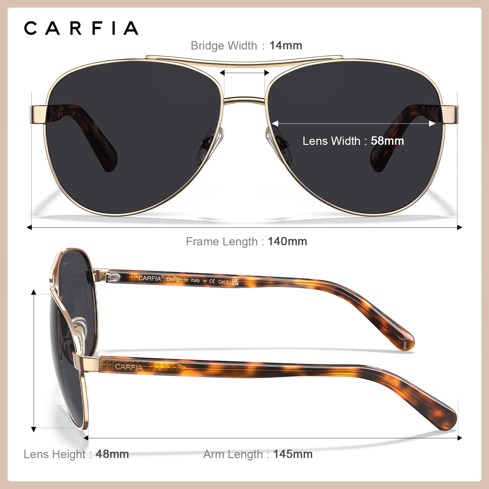 CARFIA Pilot Polarized Sunglasses for Men UV400 Protection, Acetate Tortoise Arms CA3216