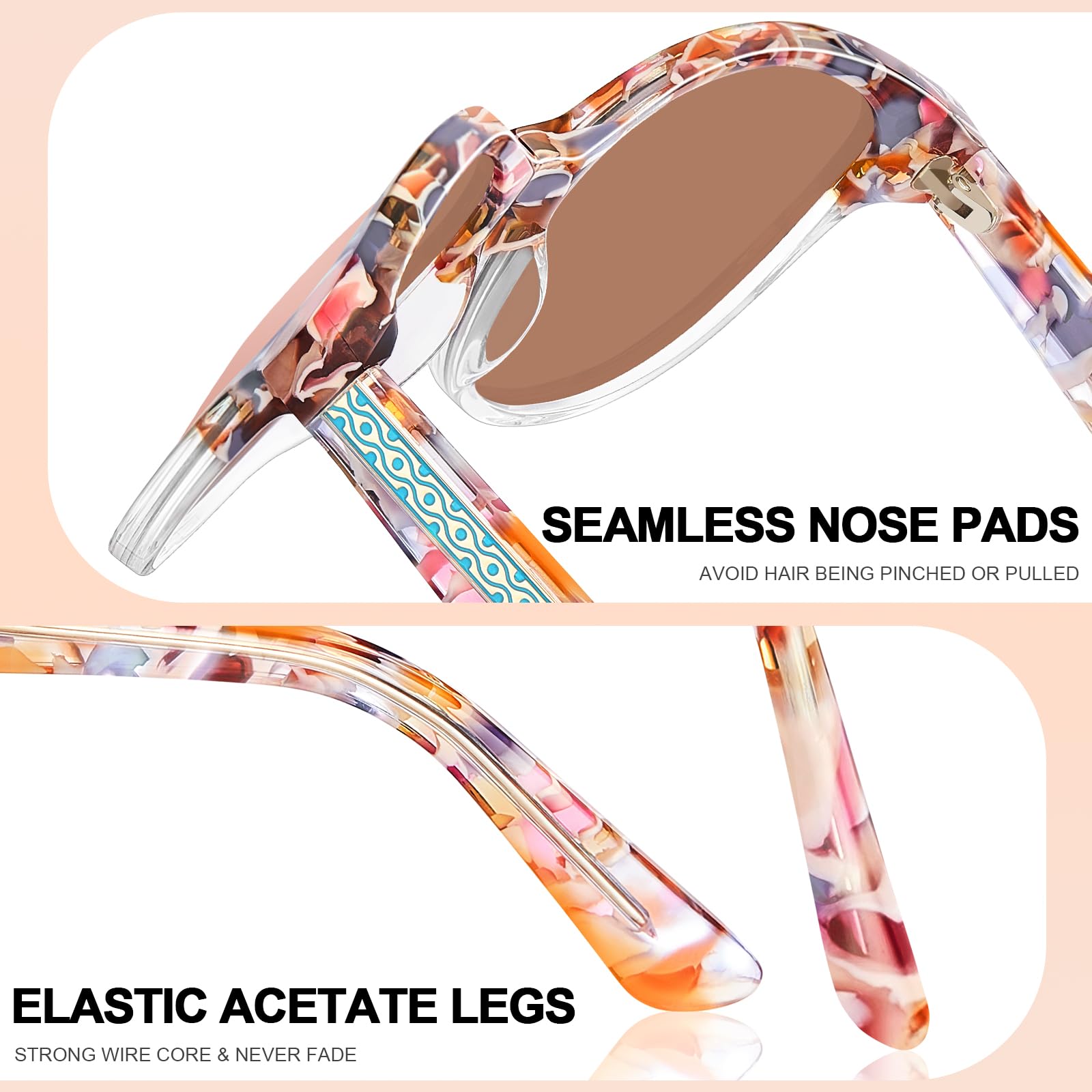CARFIA Cateye Polarized Sunglasses for Women UV Protection, Italy Handcrafted Acetate Frame with Embossed Pattern Wire Core