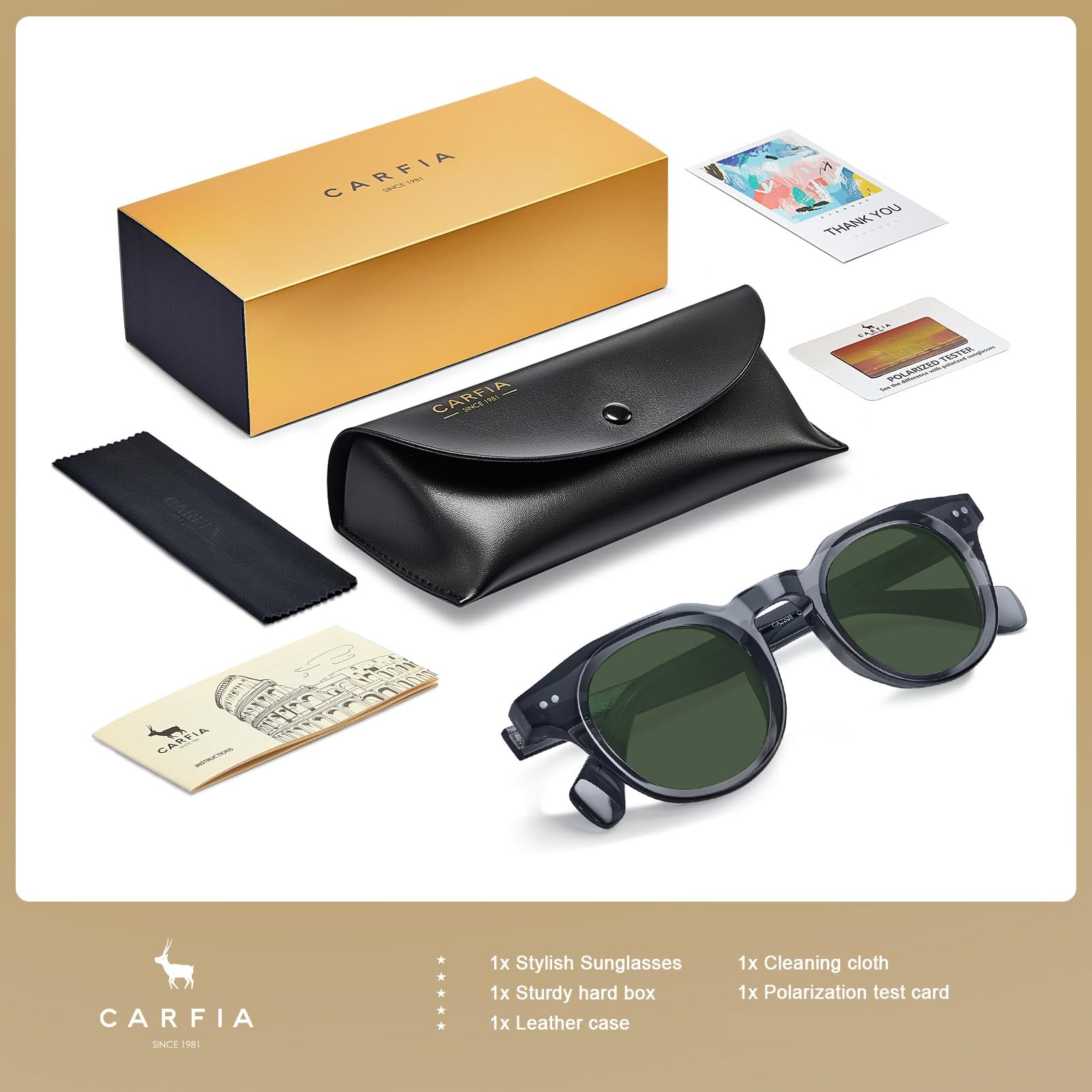 CARFIA Retro Polarized Sunglasses for Men Women UV400 Protection Acetate Small Square Fashion Driving Glasses