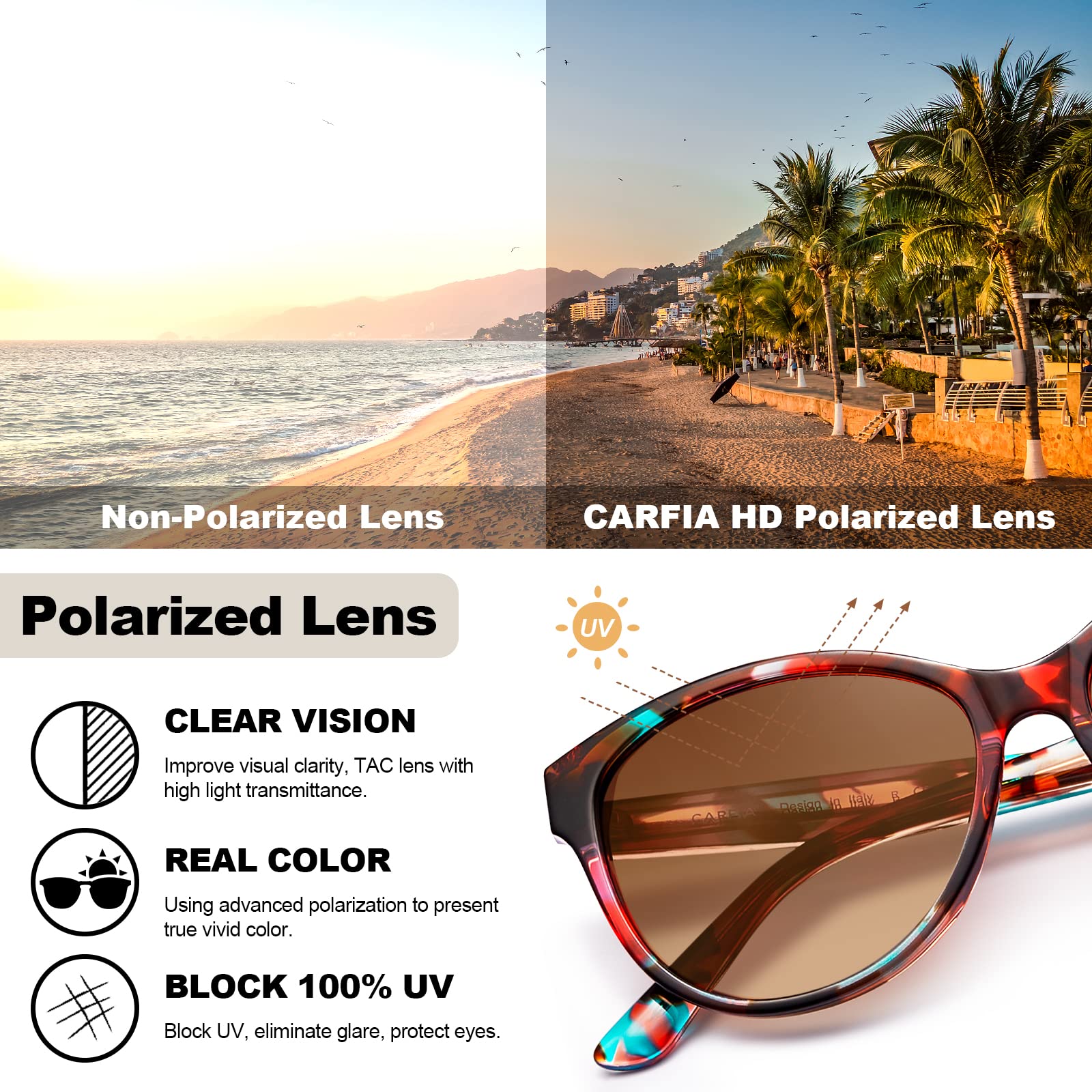 CARFIA Cateye Polarized Sunglasses for Women UV Protection, Italy Handcrafted Acetate Frame with Embossed Pattern Wire Core