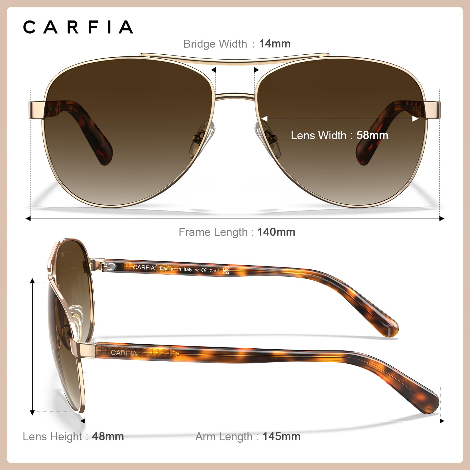 CARFIA Pilot Polarized Sunglasses for Men UV400 Protection, Acetate Tortoise Arms CA3216
