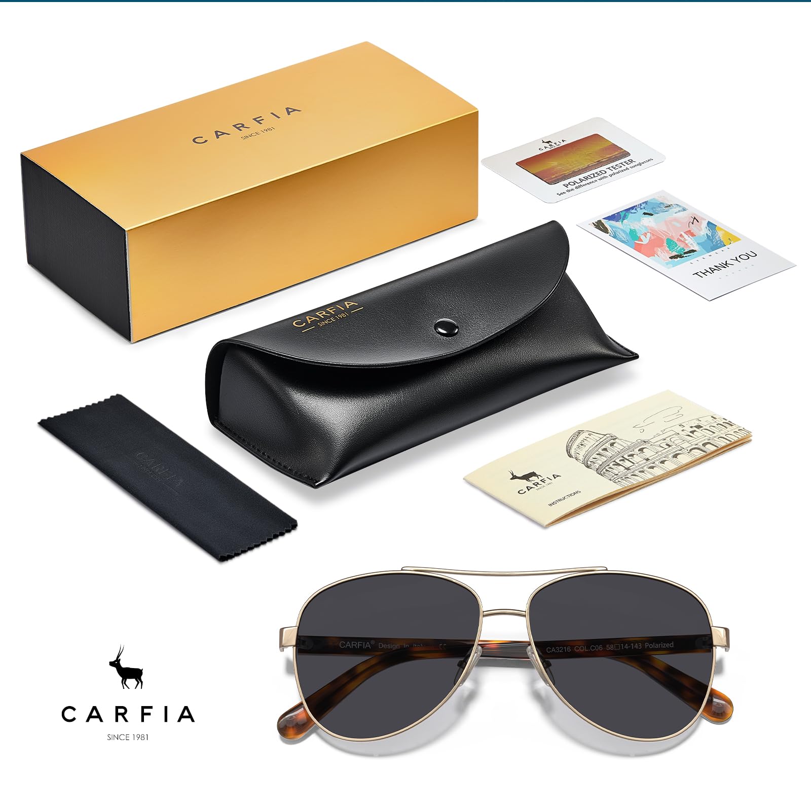 CARFIA Pilot Polarized Sunglasses for Men UV400 Protection, Acetate Tortoise Arms CA3216