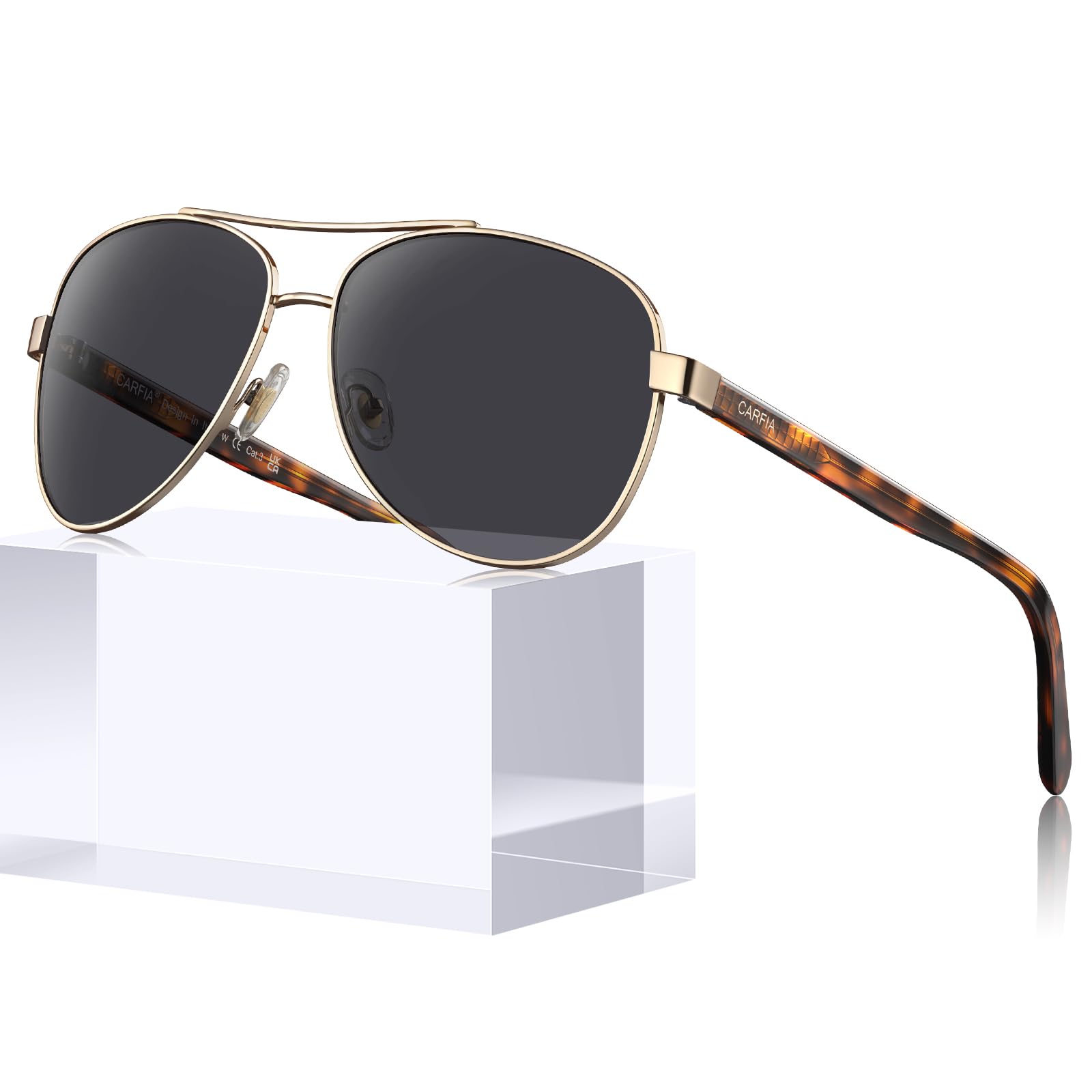 CARFIA Pilot Polarized Sunglasses for Men UV400 Protection, Acetate Tortoise Arms CA3216