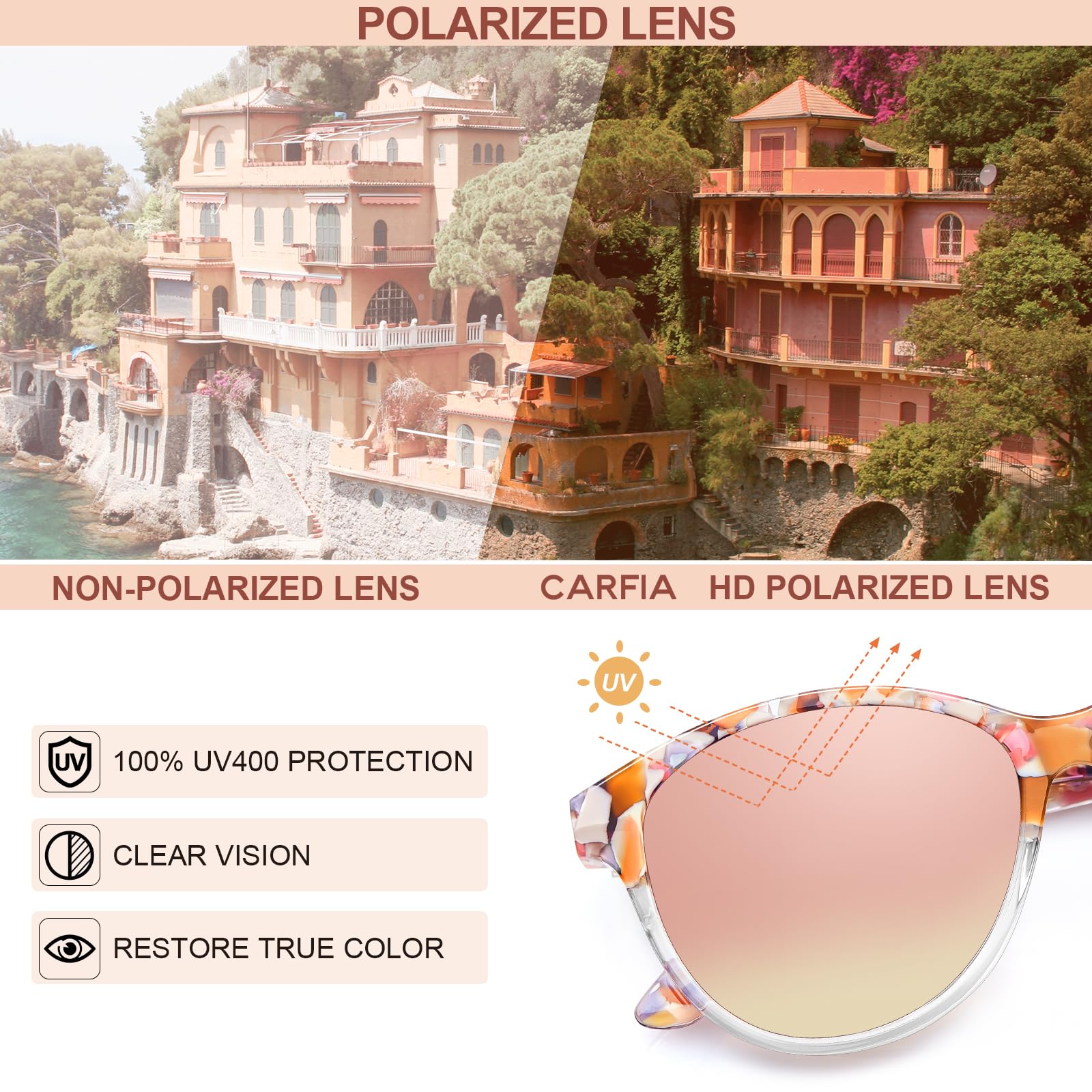 CARFIA Cateye Polarized Sunglasses for Women UV Protection, Italy Handcrafted Acetate Frame with Embossed Pattern Wire Core